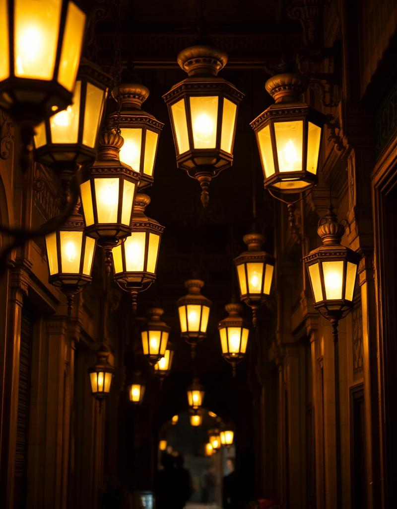 Brass lanterns in Aminabad bazaar corridor